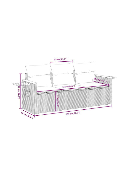 Three-Seater Outdoor Rattan Sofa with Cushions 55x55x69cm
