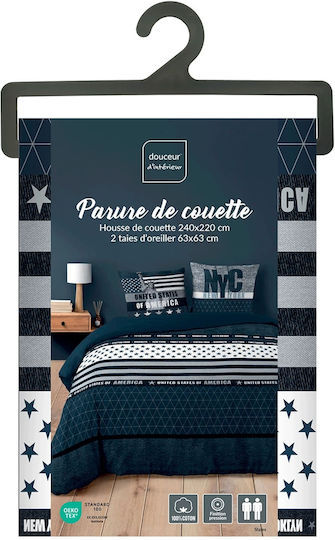 Douceur d'Intérieur Duvet Cover Set Cotton Queen with 2 Pillowcases 220x240 States Blue