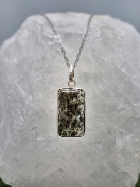 Quartz Necklace with Green Tourmaline Inclusions, Silver Bezel, Steel Chain, 24 cm Length