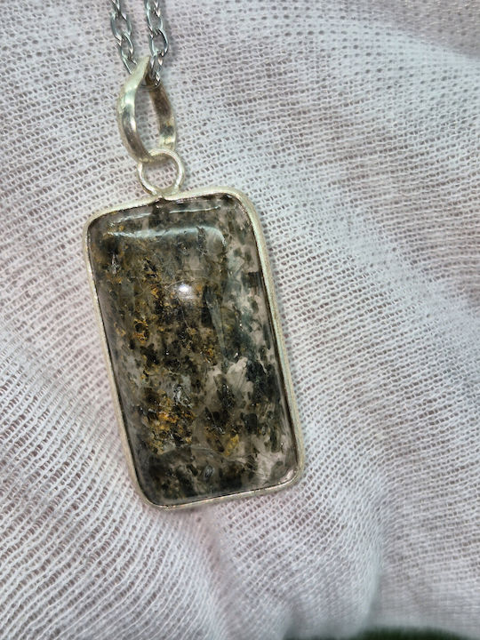 Quartz Necklace with Green Tourmaline Inclusions, Silver Bezel, Steel Chain, 24 cm Length