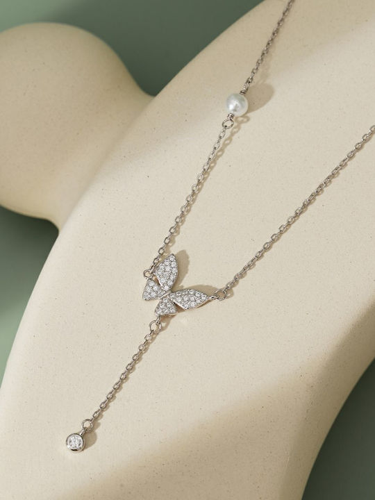 By Queen Κολιέ Butterfly Μαργαριτάρι Zircon Ασημένιο