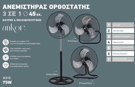 Ankor Ankor Ventilator Ochsostatis 75W Lüfterdurchmesser 45cm Schwarzer