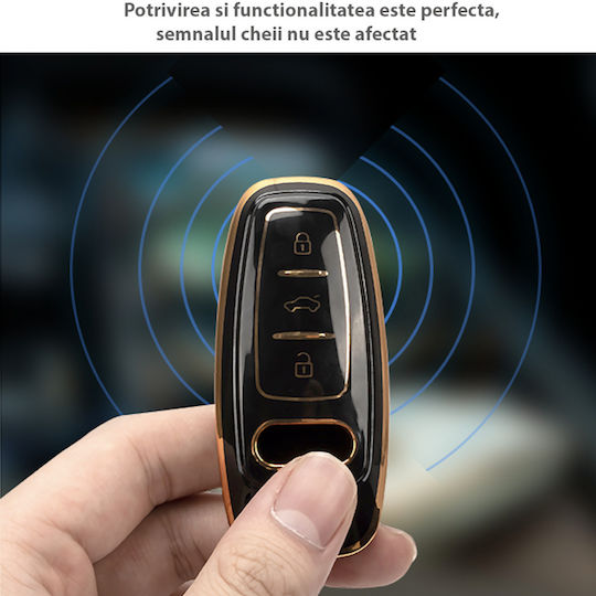 Carcasă de protecție premium pentru cheie Audi, material TPU de înaltă calitate, compatibilă cu A6 C8, A7, A8, Q8, Q7, S-line, RS, Allroad 2017-2021, negru auriu, Luvlu