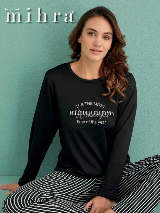 Mihra Winter Women's Pyjama Set Black-striped