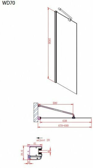 Devon Iwis Walk-in Shower Screen for Shower with Sliding Door 67-69x185cm Chrome