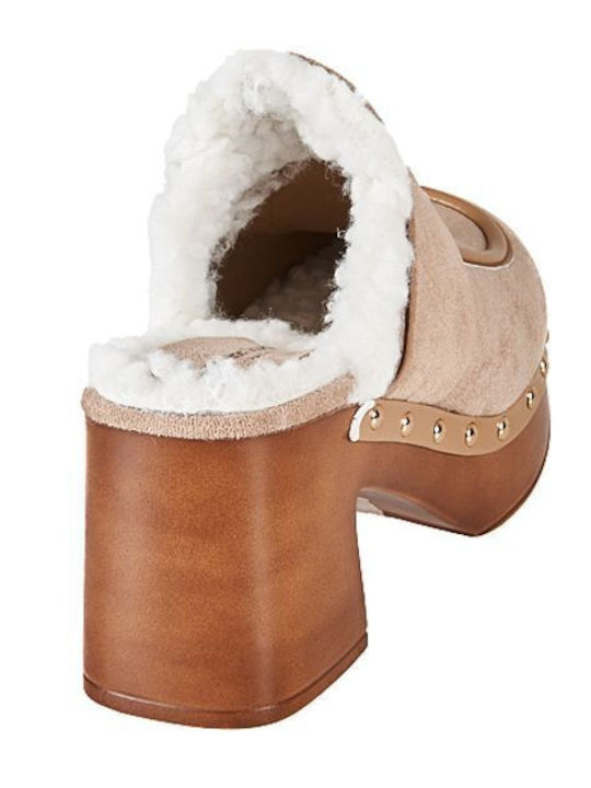 Suede Mules with Heel in Beige Color