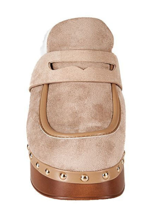 Suede Mules with Heel in Beige Color