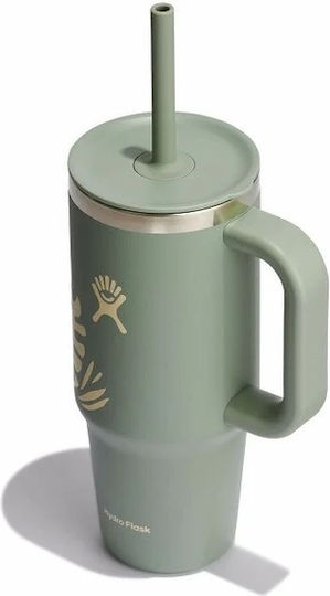 Hydro Flask Travel Tumbler Handled Thermos Stainless Steel 710ml Botanical Bliss Agave with Straw and Handle