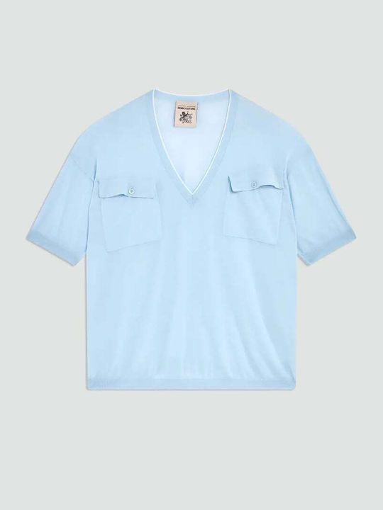 Women's Cotton Short Sleeve Light Blue Blouse