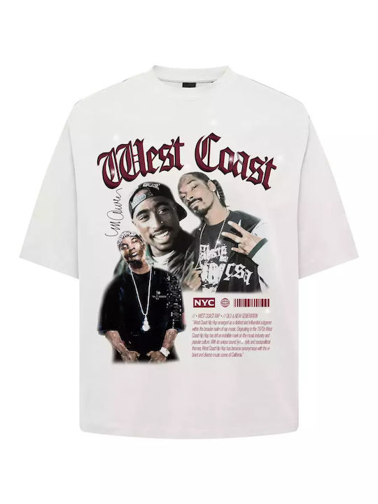 Tricou cu mânecă scurtă pentru adulți – Tupac, Snoop Dogg & Nate Dogg „West Coast” Alb