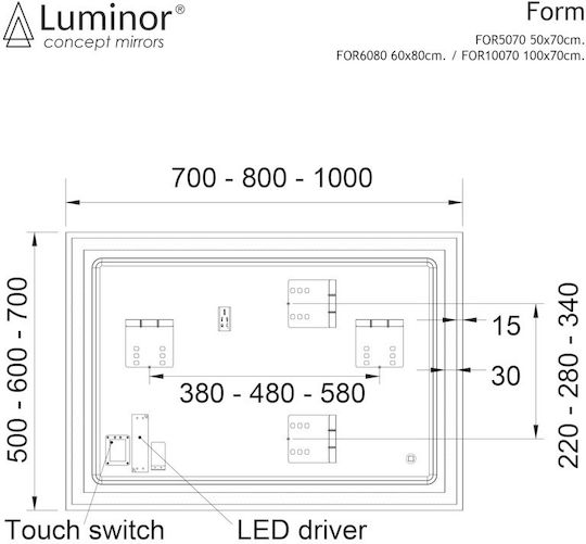 Luminor Form Ορθογώνιος Καθρέπτης Μπάνιου Led 100x70cm