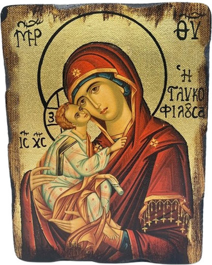 Virgin Mary Sweet-Kissing on Pine Wood with Canvas, Gold Leaf, Aging and Varnish in Dimensions: 15 X 10 cm.