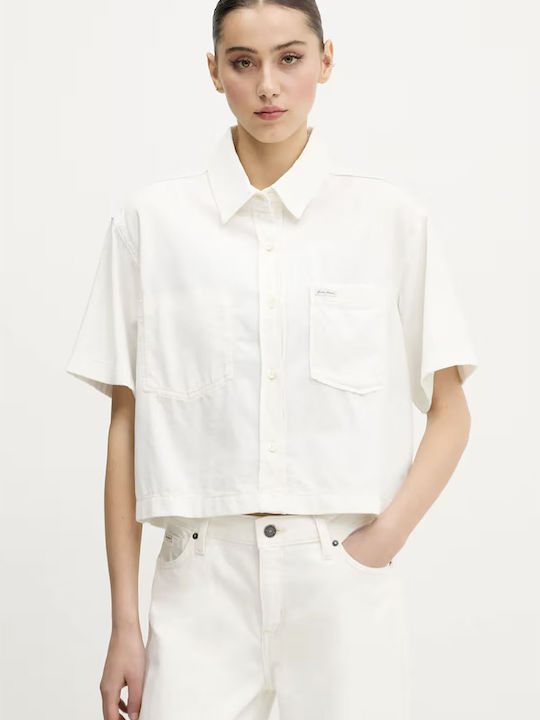 Women's Denim Short Sleeve Shirt White