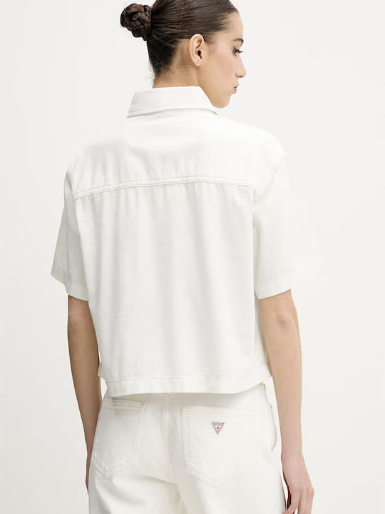 Women's Denim Short Sleeve Shirt White