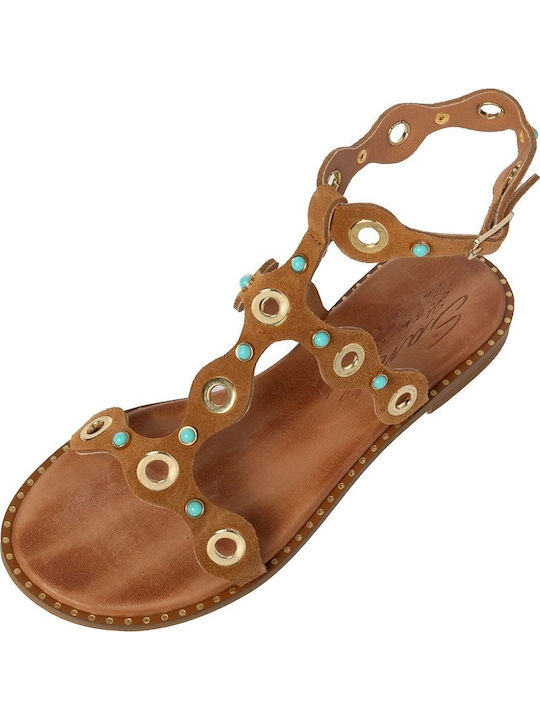 Leather Women's Flat Sandals in Tabac Brown Color