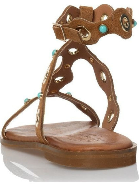 Leather Women's Flat Sandals in Tabac Brown Color