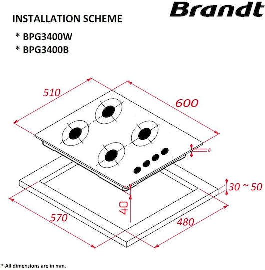 Brandt Plită pe Gaz Natural Autonom 60x51εκ. Alb
