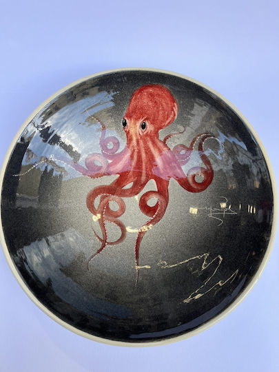 Round Ceramic Decorative Platter Octopus Handmade Black 23x23cm