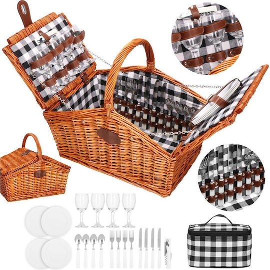 Coș de picnic deluxe pentru 4 persoane, din răchită, cu veselă, tacâmuri și izolație termică, maro