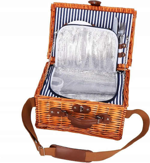 Coș de picnic deluxe pentru 2 persoane, din răchită, cu veselă, tacâmuri și compartiment frigorific