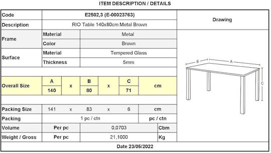 Tisch Stabil Rio Braun 140x80x71cm
