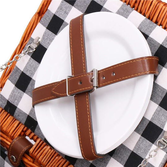 Coș de picnic deluxe pentru 4 persoane, din răchită, cu veselă, tacâmuri și izolație termică, maro