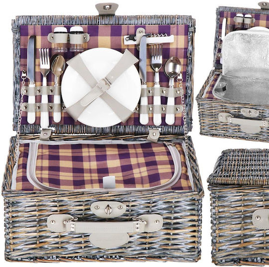 Coș de picnic deluxe pentru 4 persoane, din răchită, cu veselă, tacâmuri și izolație termică, gri