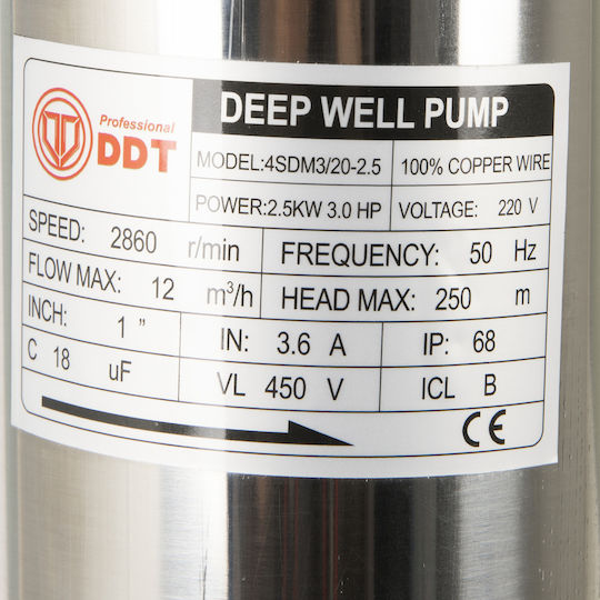 Pompa submersibilă pentru puț adânc Ddt 4sdm3-20 2500 W 20 trepte 12 M³/h oțel inoxidabil cablu 30 M