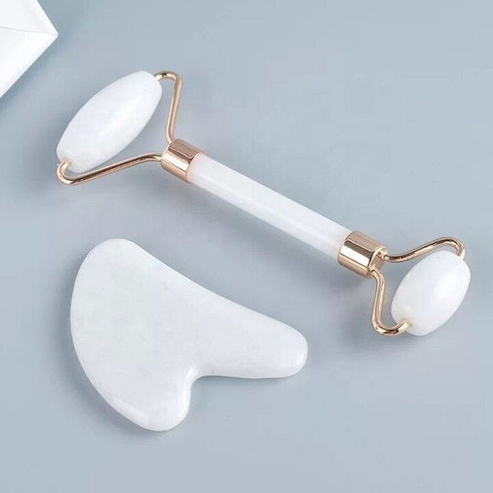 Gua Sha Jade Roller Set Macvi Facial Body Massage Skin Rejuvenation Lymphatic Drainage White
