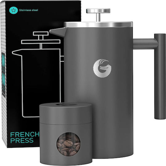 Cafetiere French Press 8 Cesti Double Wall Cafetiere 1 Litru Capacitate Container pentru Cafea din Oțel Inoxidabil Gri