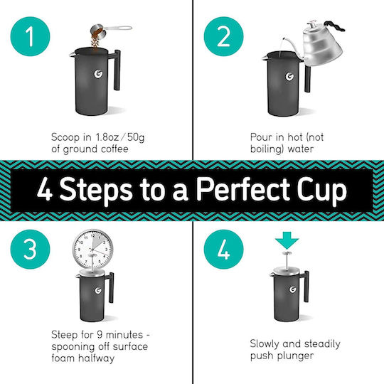 Cafetiere French Press 8 Cesti Double Wall Cafetiere 1 Litru Capacitate Container pentru Cafea din Oțel Inoxidabil Gri