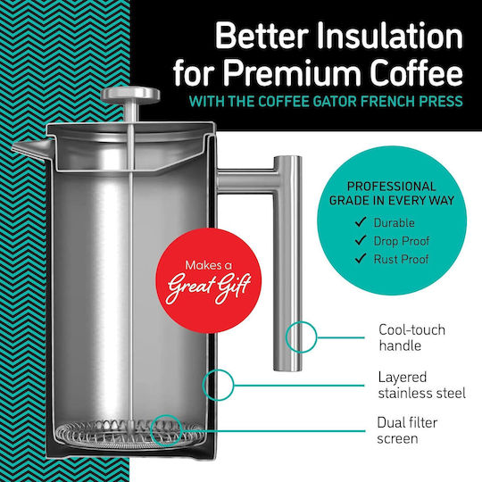 Cafetiere French Press 8 Cesti Double Wall Cafetiere 1 Litru Capacitate Container pentru Cafea din Oțel Inoxidabil Gri