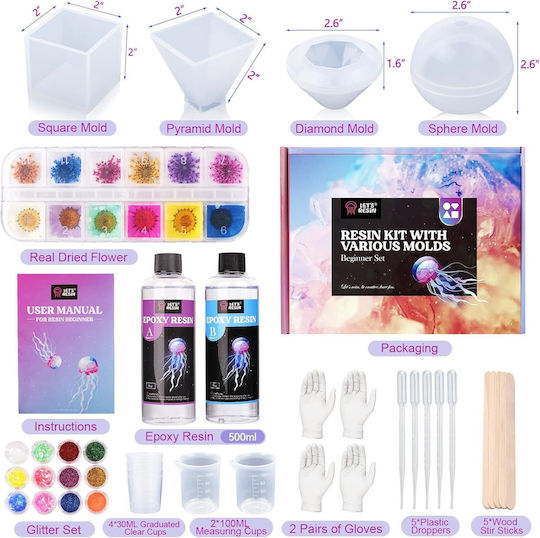 Set Epoxy Resin 250 Ml Hardener 250 Ml Silicon Calypso Glitter Flori Uscate Pipete Cesti Măsurare Diy Începători Profesioniști