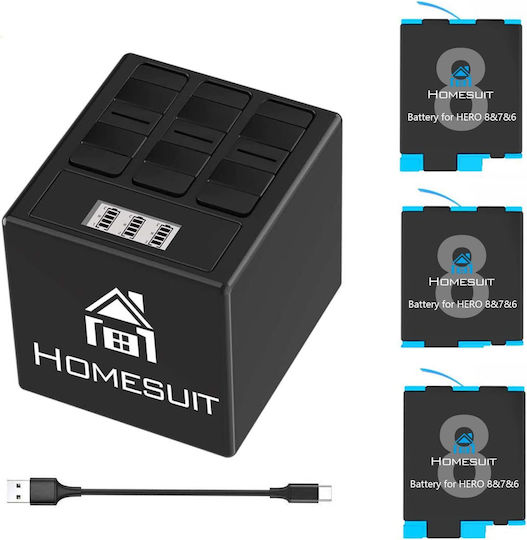 Set 3 Baterii de 1500 Mah Pentru Gopro Hero 8 Hero 7 Hero 6 Stație de Încărcare 3 Sloturi Indicator LCD Cablu USB Port USB C Compatibil Gopro Hero 8 Black Hero 7 Black Hero 6 Black