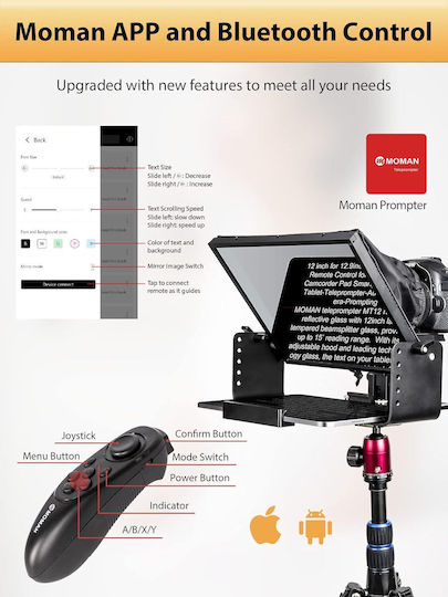 Kit Teleprompter de 12 Inch pentru Camere DSLR Control de la Distanță Compatibil cu Smartphone-uri și Tablete Până la 12.9 Inch Geantă de Metal pentru Depozitare și Transport Moman Mt12