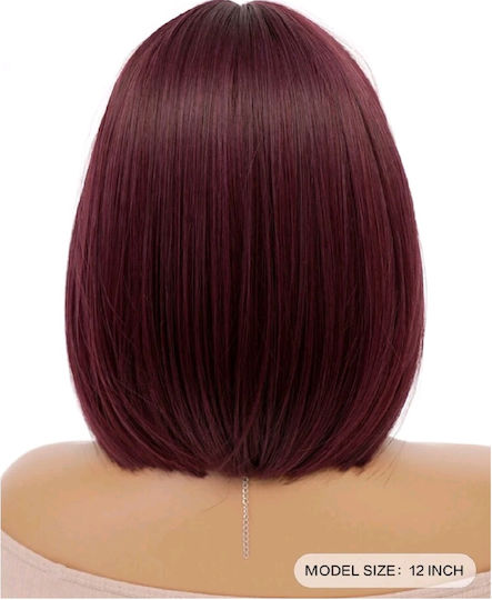 Wig with Synthetic Hair in Dark Red Color 30cm