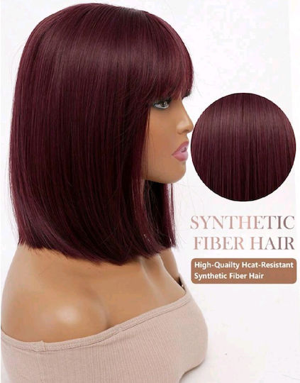 Wig with Synthetic Hair in Dark Red Color 30cm