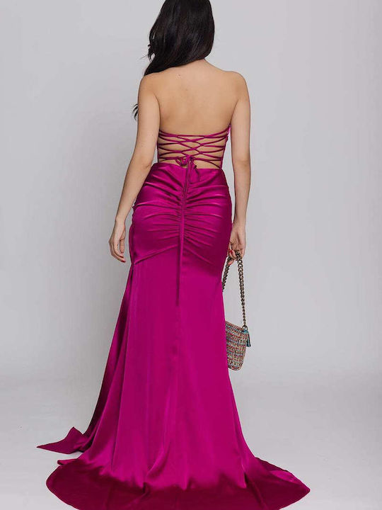 Summer Maxi Evening Strapless Satin Dress Magenta