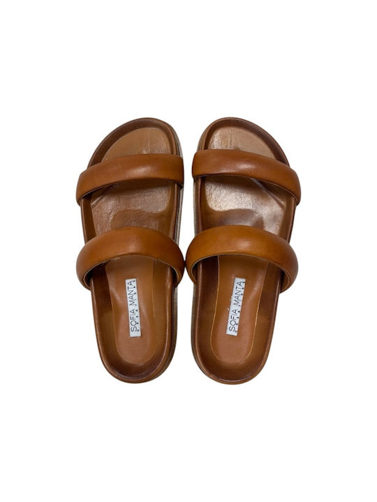 Leather Women's Flat Sandals in Tabac Brown Color