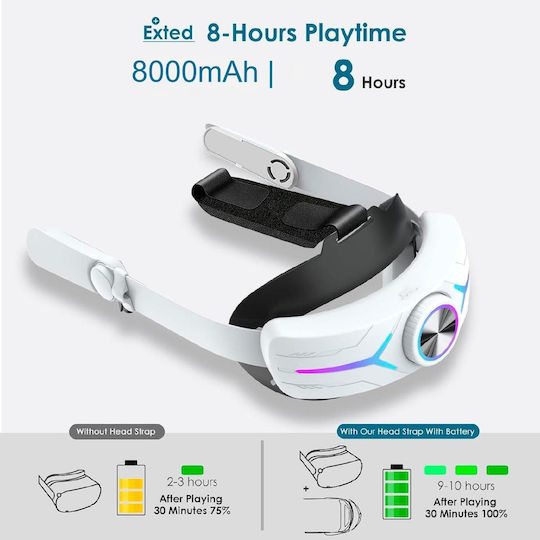 Head Strap Meta Quest 3 8000 Mah Battery Rgb Led Lights Adjustable Fast Charging Via Usb-c Plug Play White