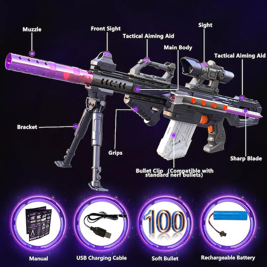 Set Sniper Blaster Pistoale de Jucărie Multifuncționale cu Foaie de Spumă Pistol Compatibil Nerf Darts Baterie Reîncărcabilă 100 Proiectile Accesorii pentru Vânătoare