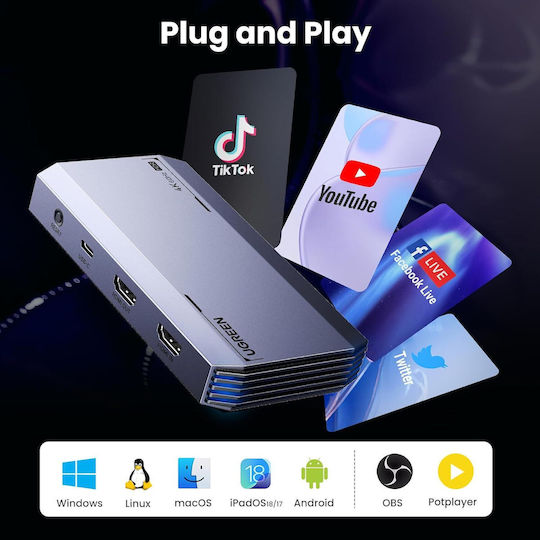 Placă De Captură Video 4k@60hz HDMI Video Grabber Ieșire Loop HDMI USB-C Ieșire HDR VRR 3 X Jack 3.5 Mm Plug And Play Compatibil PC MacBook Smartphone iPad Laptop Consolă Cameră