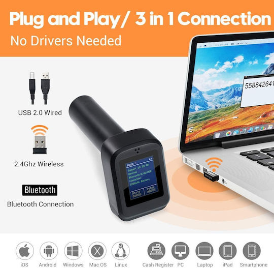 Drahtloser 1D 2D QR Barcode-Scanner Ladestation mit LED-Anzeige Bluetooth 1800 mAh Akku Präfix Suffix Hinzufügung Tera HW006