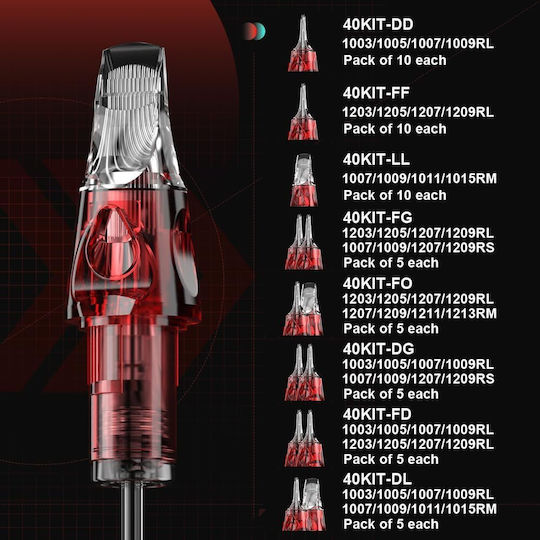 Set 40 Cartușe Ac pentru Tattoo 8 Tipuri de Ace Bug Pin 1203rl 1205rl 1207rl 1209rl 1007rs 1009rs 1207rs 1209rs Din Oțel Inoxidabil 316 Pentru Contur, Umplere En04x-40kit-fg