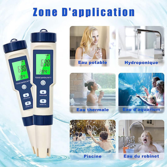5 In 1 Ph Meter Set Tds Ec Water Quality Measurement Ph Salinity Conductivity Temperature Automatic Calibration Function Lcd Screen Hold Function