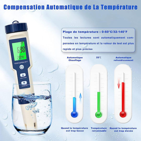 5 In 1 Ph Meter Set Tds Ec Water Quality Measurement Ph Salinity Conductivity Temperature Automatic Calibration Function Lcd Screen Hold Function