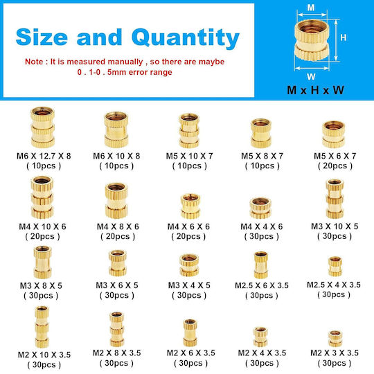 Set Inserții filetate din alamă cu zimți 480 M2 M2.5 M3 M4 M5 M6 20 Dimensiuni Piese din plastic pentru imprimare 3D În Cutie de depozitare