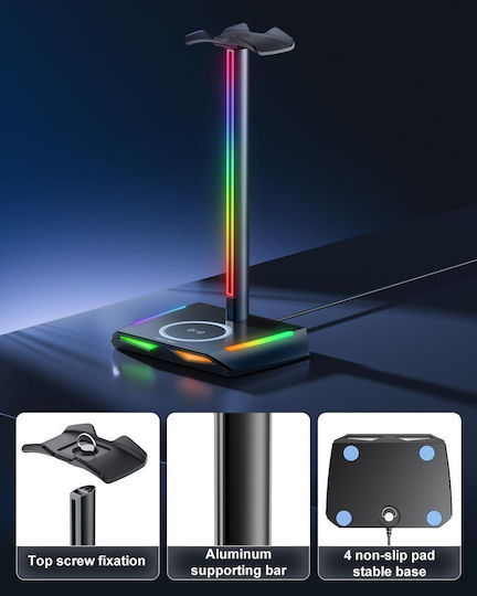 Suport pentru căști Rgb Gaming Wireless Charger 2 Usb-c Usb 2.0 Ports 11 Mode Iluminare Non-slip New Bee Negru