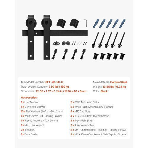 Vevor Μηχανισμός Συρόμενης Ξύλινης Πόρτας 182.88cm Μαύρος