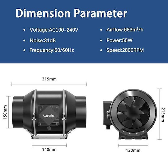 Ventilatoare Industriale 150 Mm Aer Exhaust Fan Controler Viteze Reglabil 683 M³/h 2800 Rpm 55 W 32 Db Material ABS Ventilatie de Încălzire Răcire Boosters Corturi de Crescere Hidroponice Ventilație de Exhaust